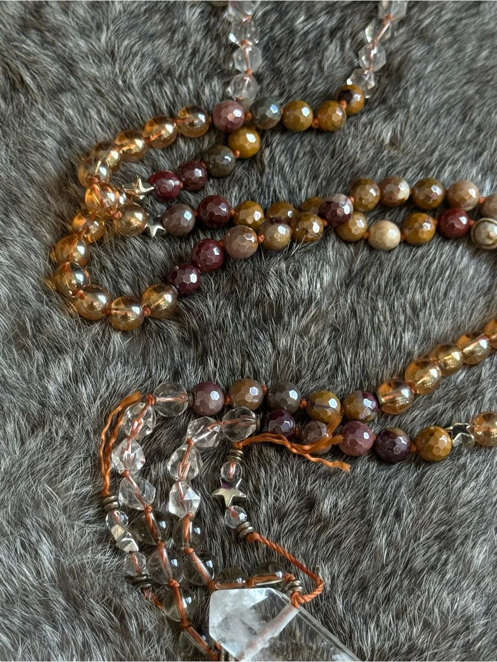 Clear Quartz, mookaite Jasper , Smokey Quartz beaded mala necklace pendant boho